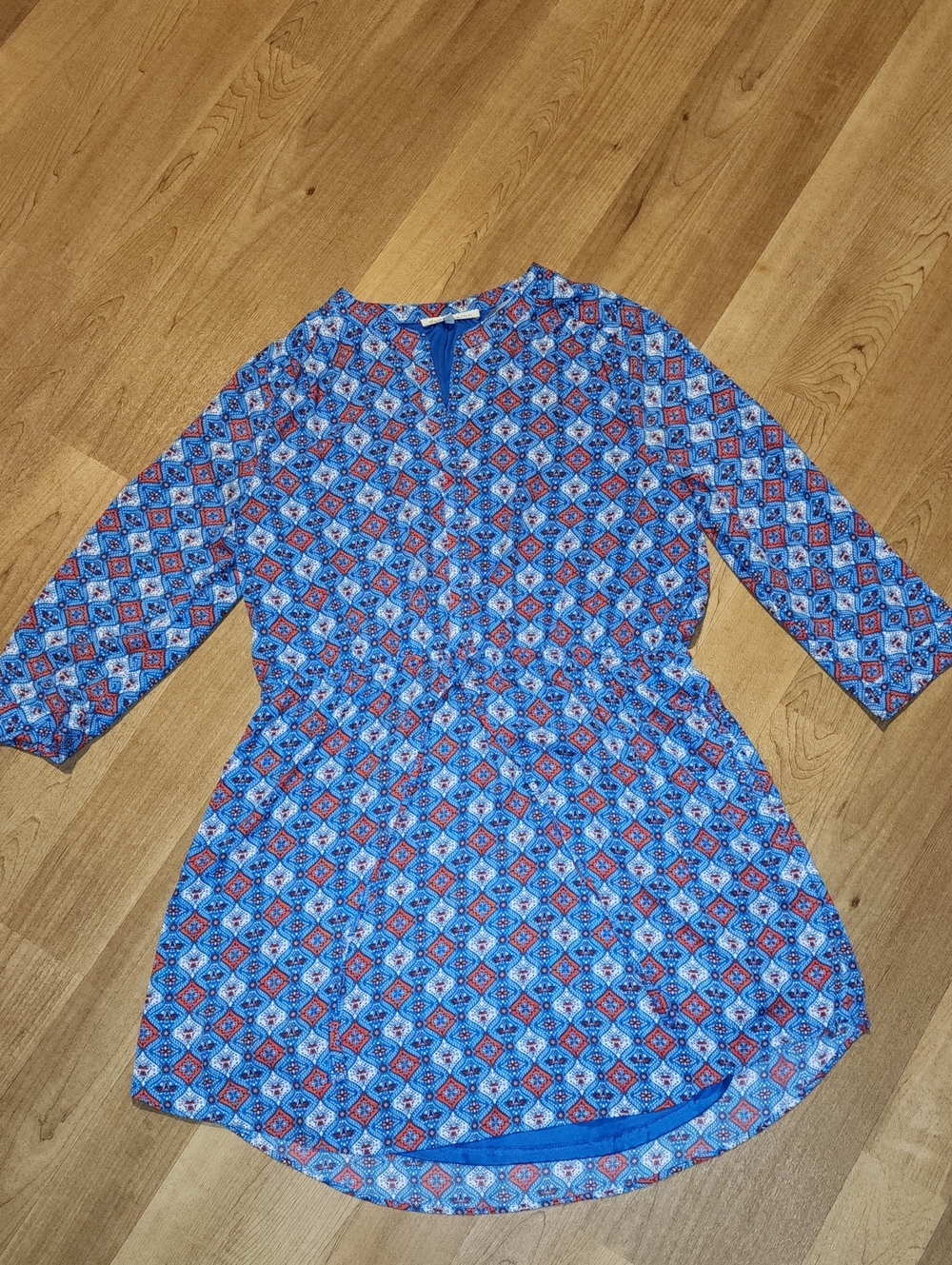 Daniel Rainn Blue and Red Geometric Print Long-Sleeve Dress